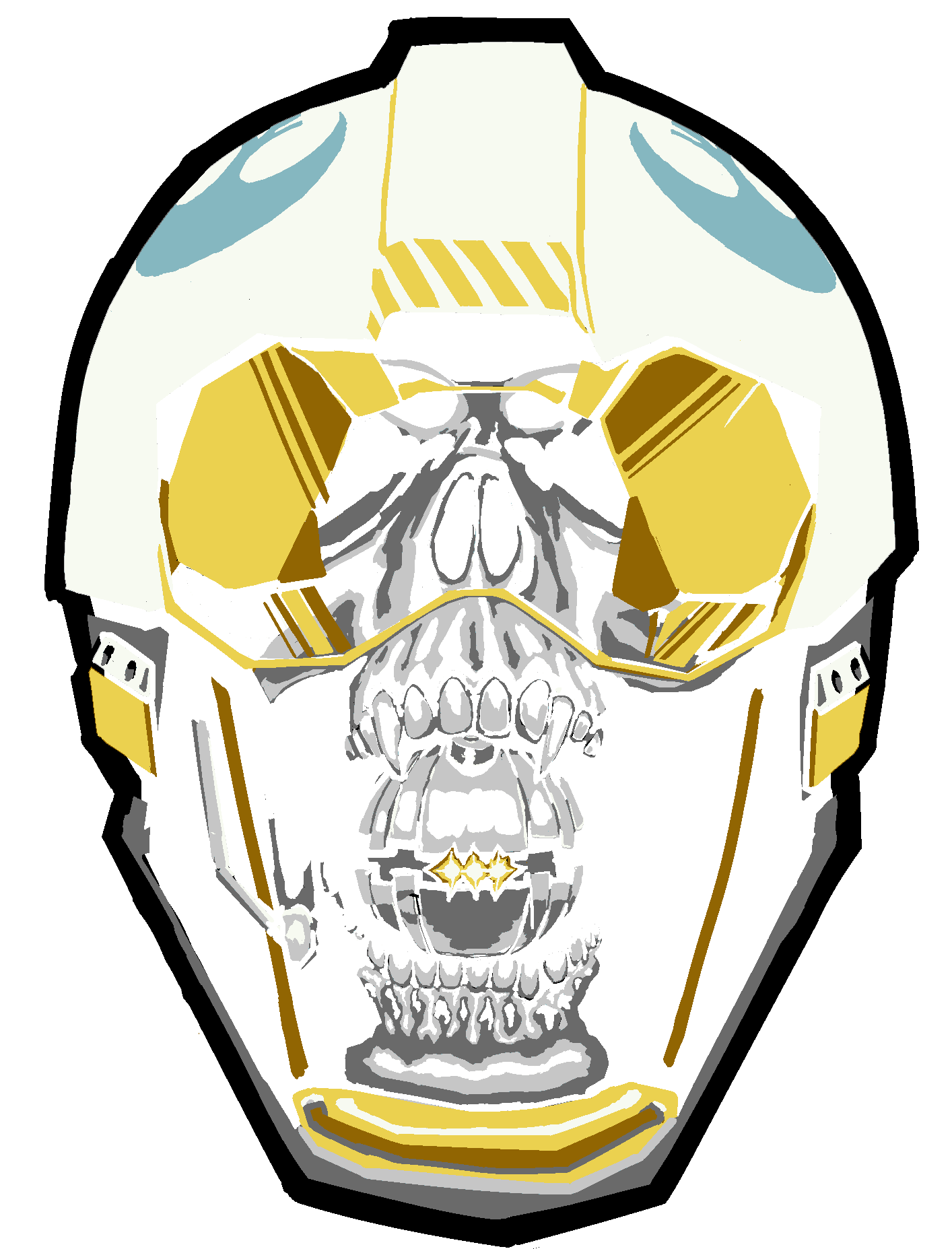 Illustration of a skull within a helmet, gold and teal
